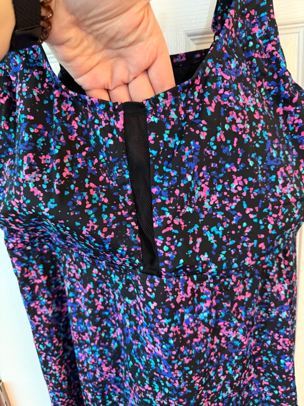 Lands End Black Tank Swim Top with Pink & Teal Speckle